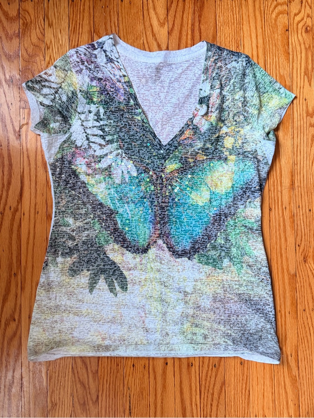V-Neck Short Sleeve Women's Tee with Turquoise Butterfly Print